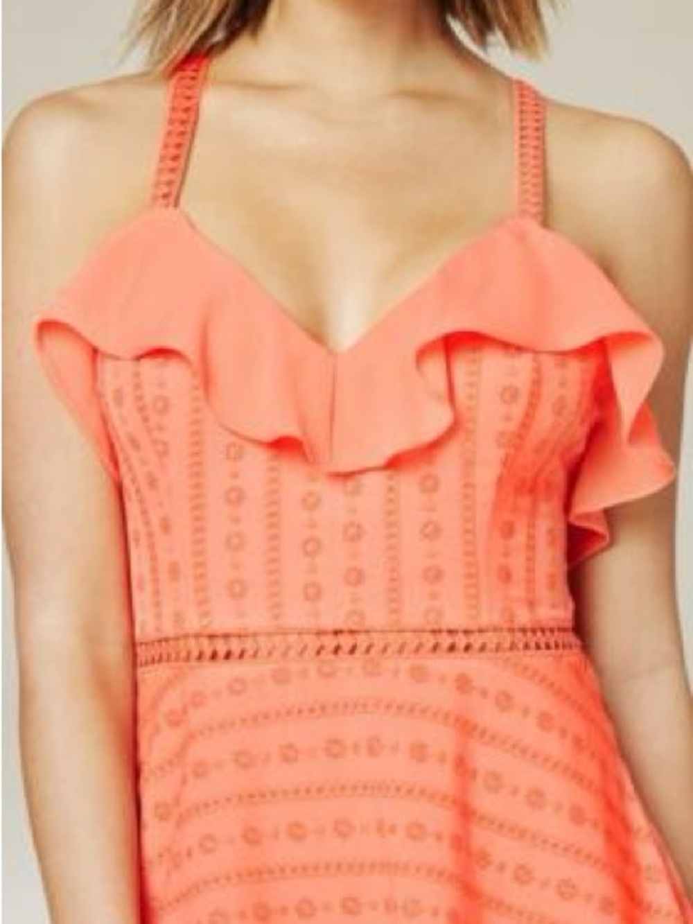 Bebe NWT sz6 Coral Ruffle Eyelet Fit-and-Flare Dress - Picture 3 of 5